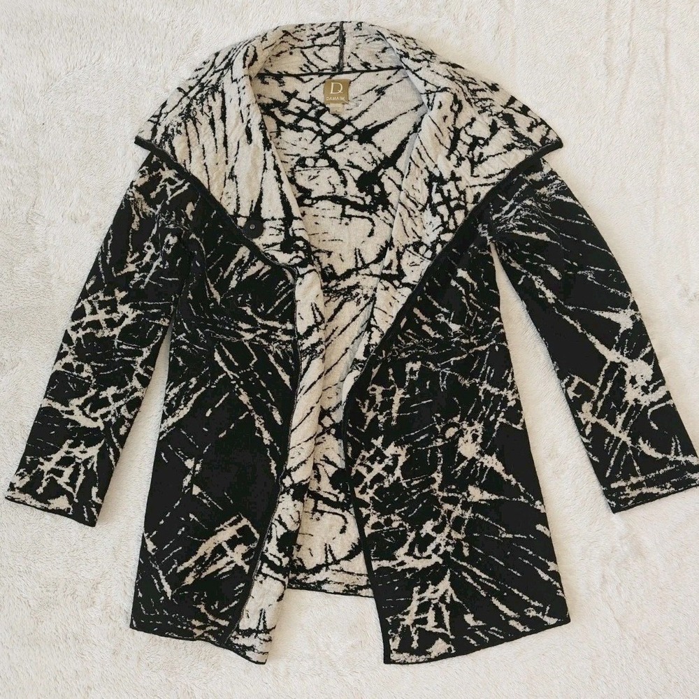 Damask Womens Cardigan‎ Sweater Merino Wool Cotton Medium Geometric Black White